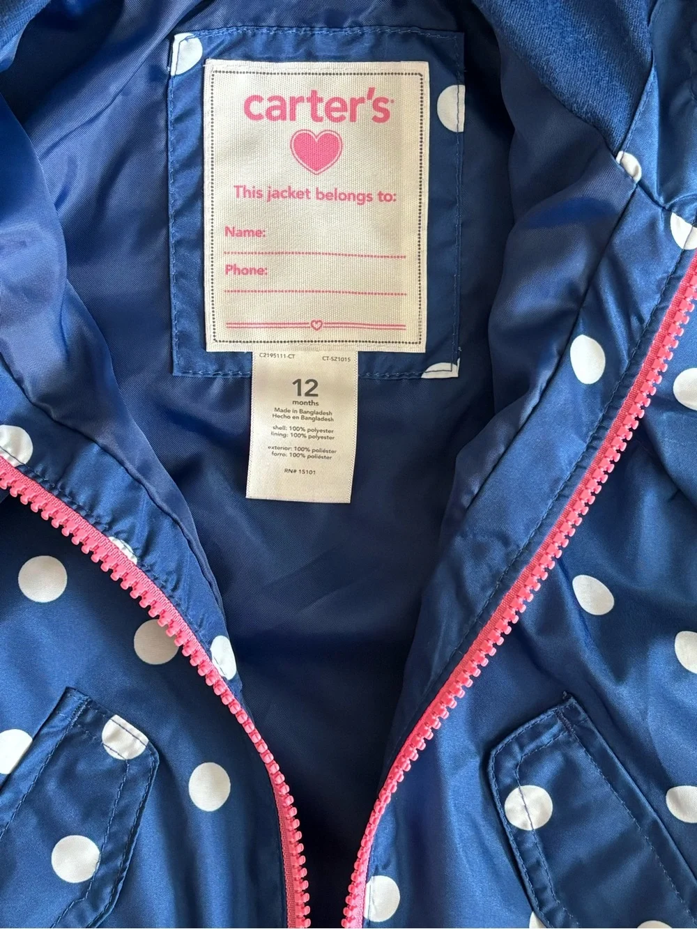 NWOT Carter's Navy Polka Dot Hooded Jacket with Pink Zipper 12m